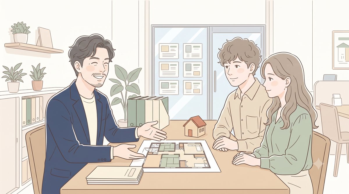 店内でご夫婦のお客様に間取り図を説明するイラスト