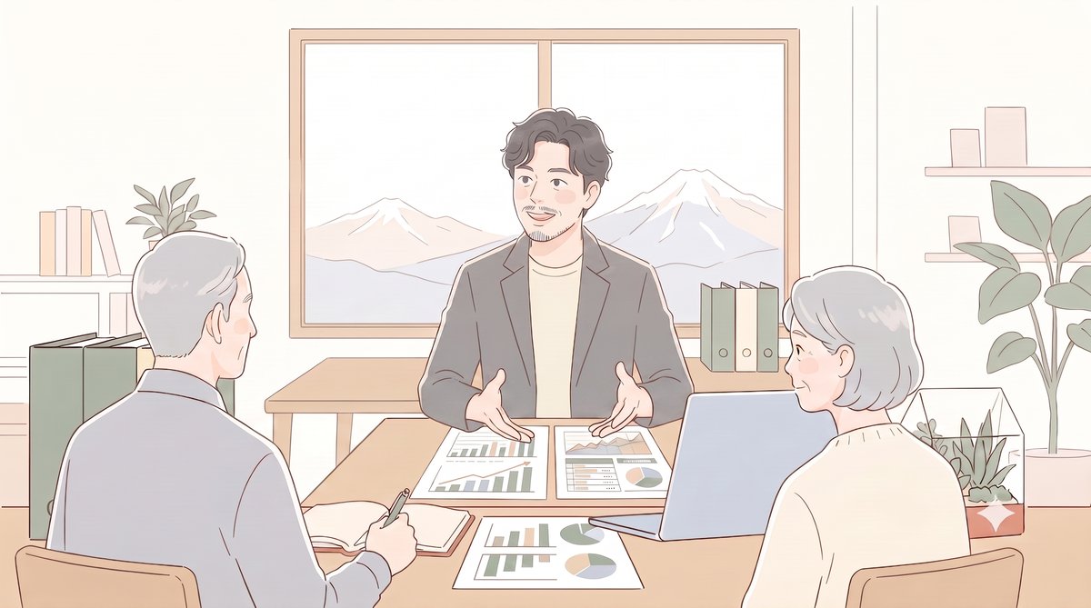 資料を使って資産のご相談に応じるイラスト