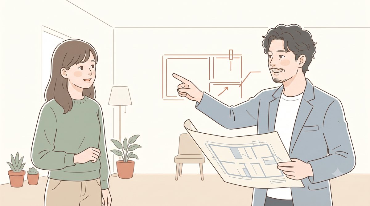 図面を手にリフォーム箇所を説明するイラスト
